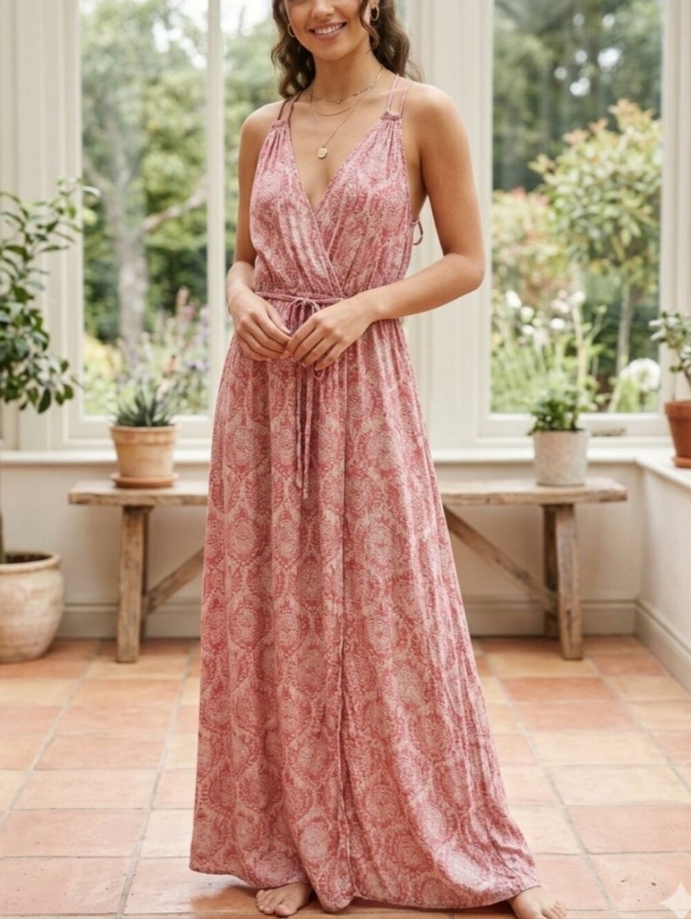 Elan Maxi Dress Pink Coral Paisley Surplice V Neck Adjustable‎ Straps Boho Chic